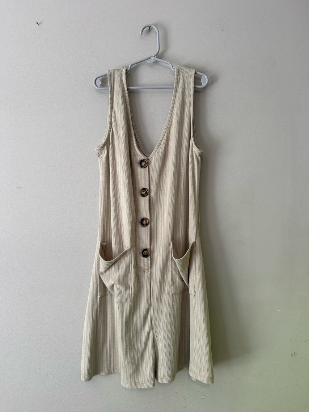 Poof Sleeveless Cream Button-Front Pocket Romper
